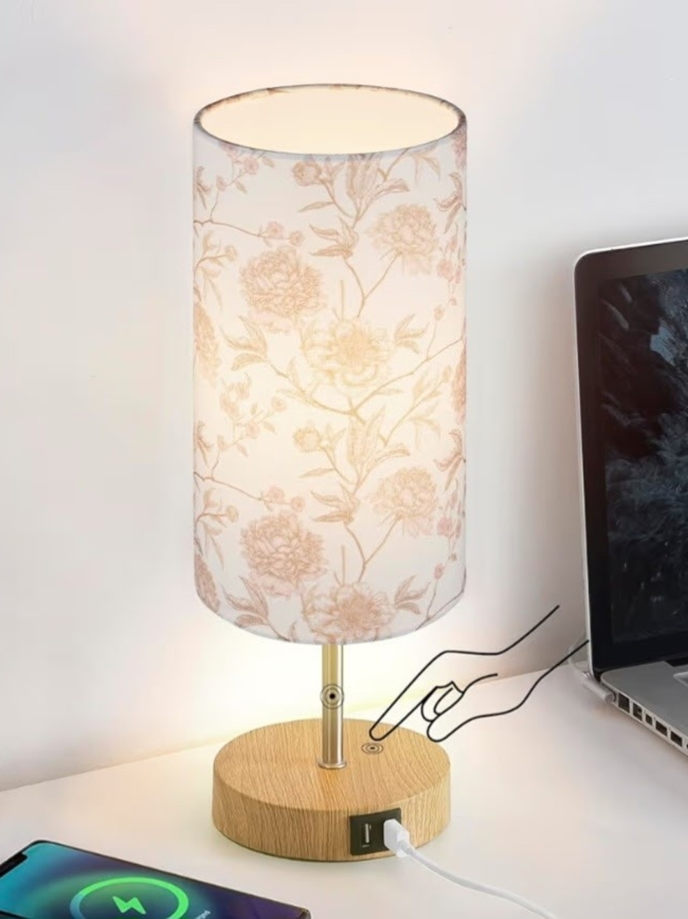 Touch LampFloral Pattern Table Lamp with Wooden Base USB port